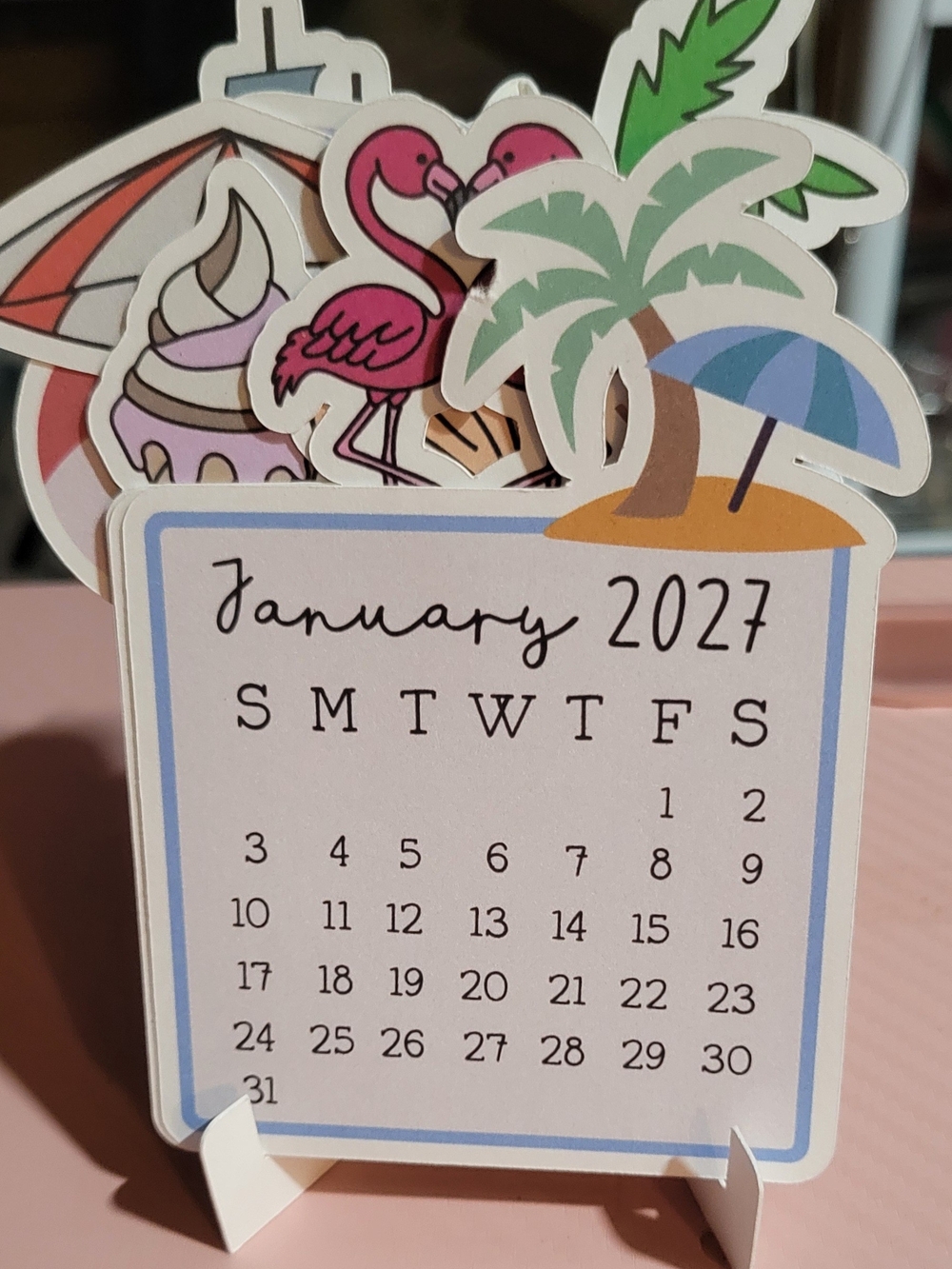 Cute Pink Flamingo & Palm Home Office Calendar - January 2027
